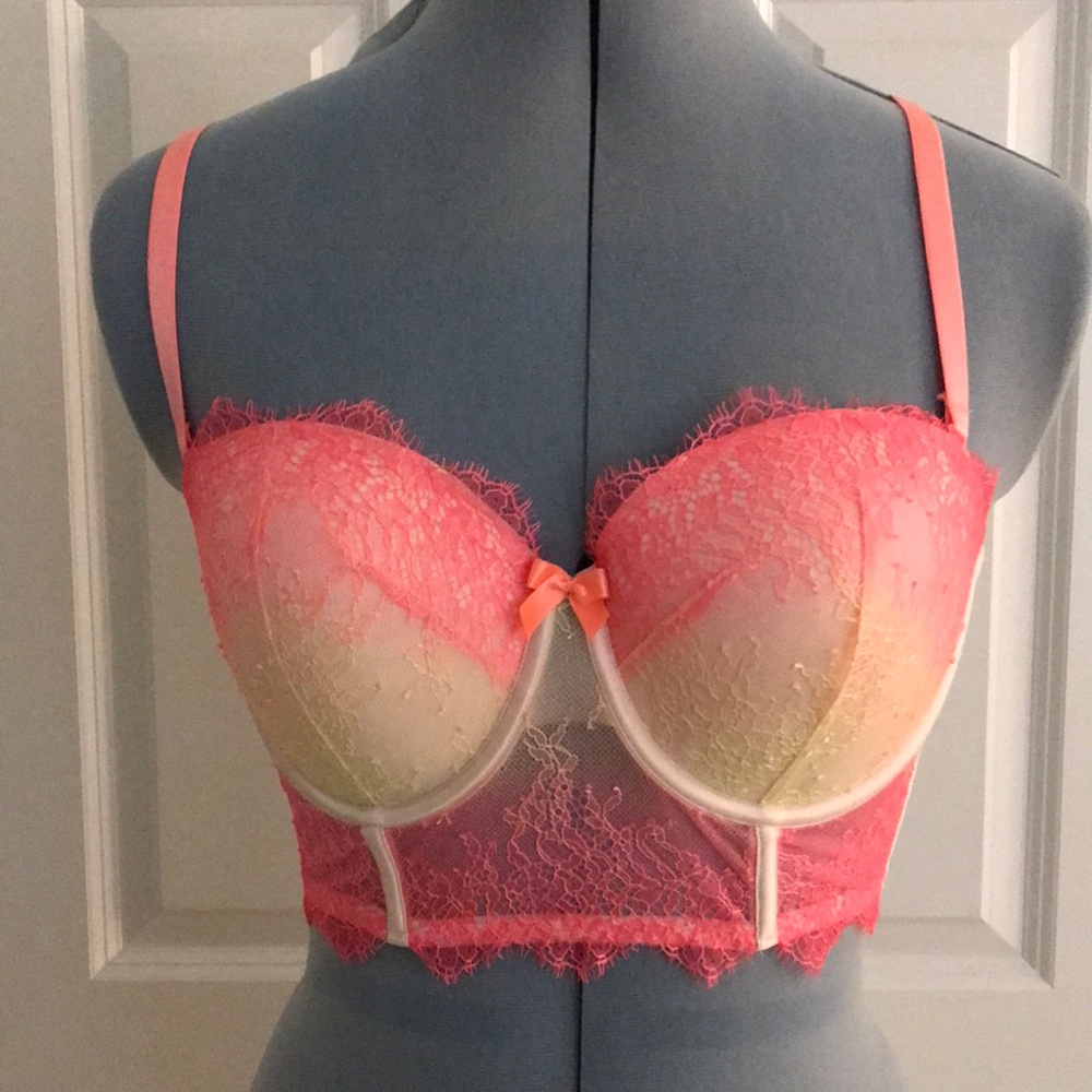 Victoria’s Secret Lace Bustier Bra Strapless in Pink & Creamy Yellow Size 34D